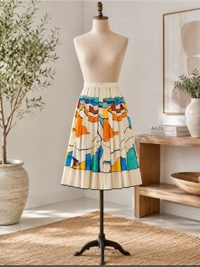 NWT ZARA ZW Collection Printed Pleated Midi Skirt in Cream Multicolor Abstract